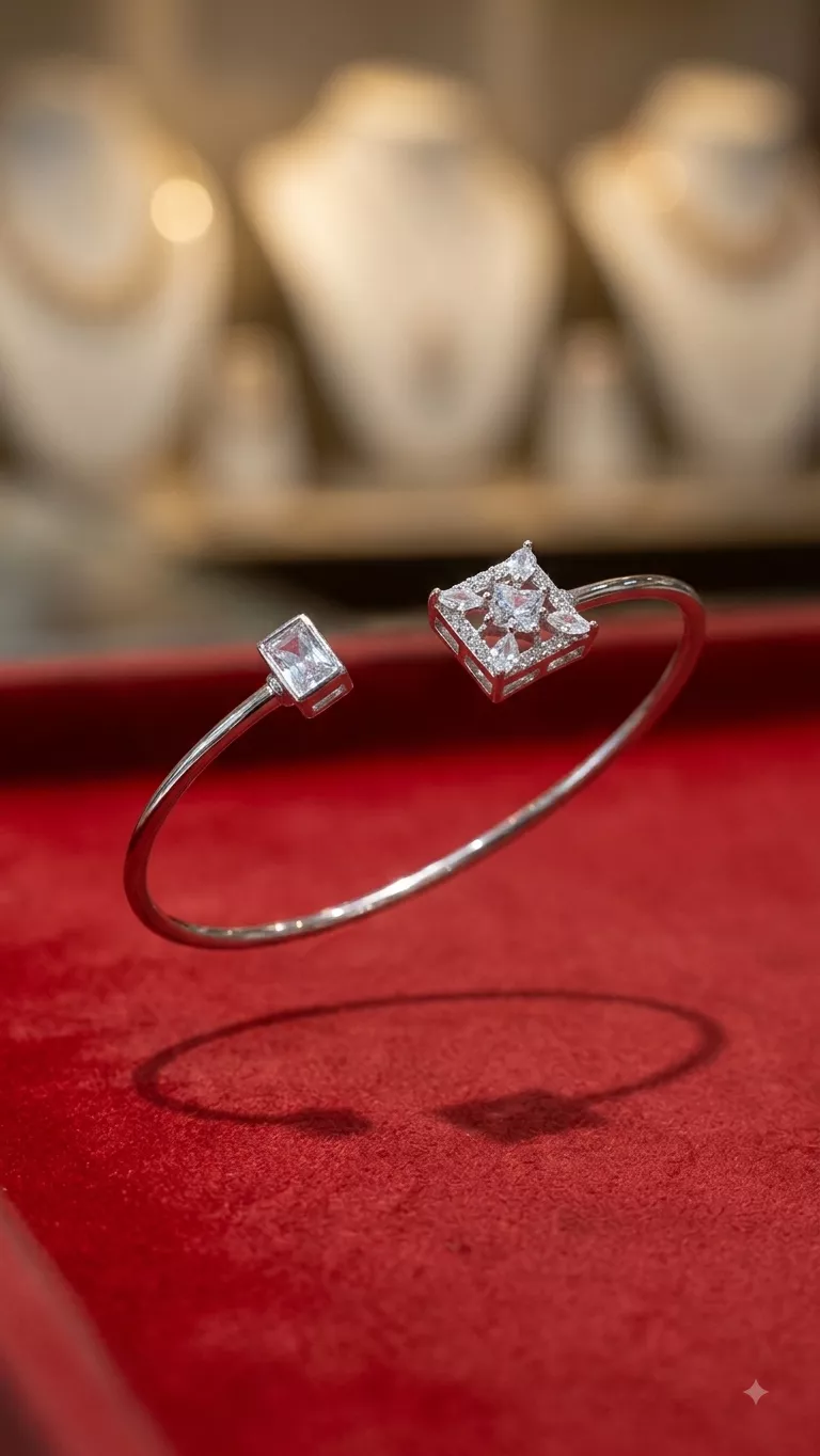 Geometric Stone Open Cuff in silver