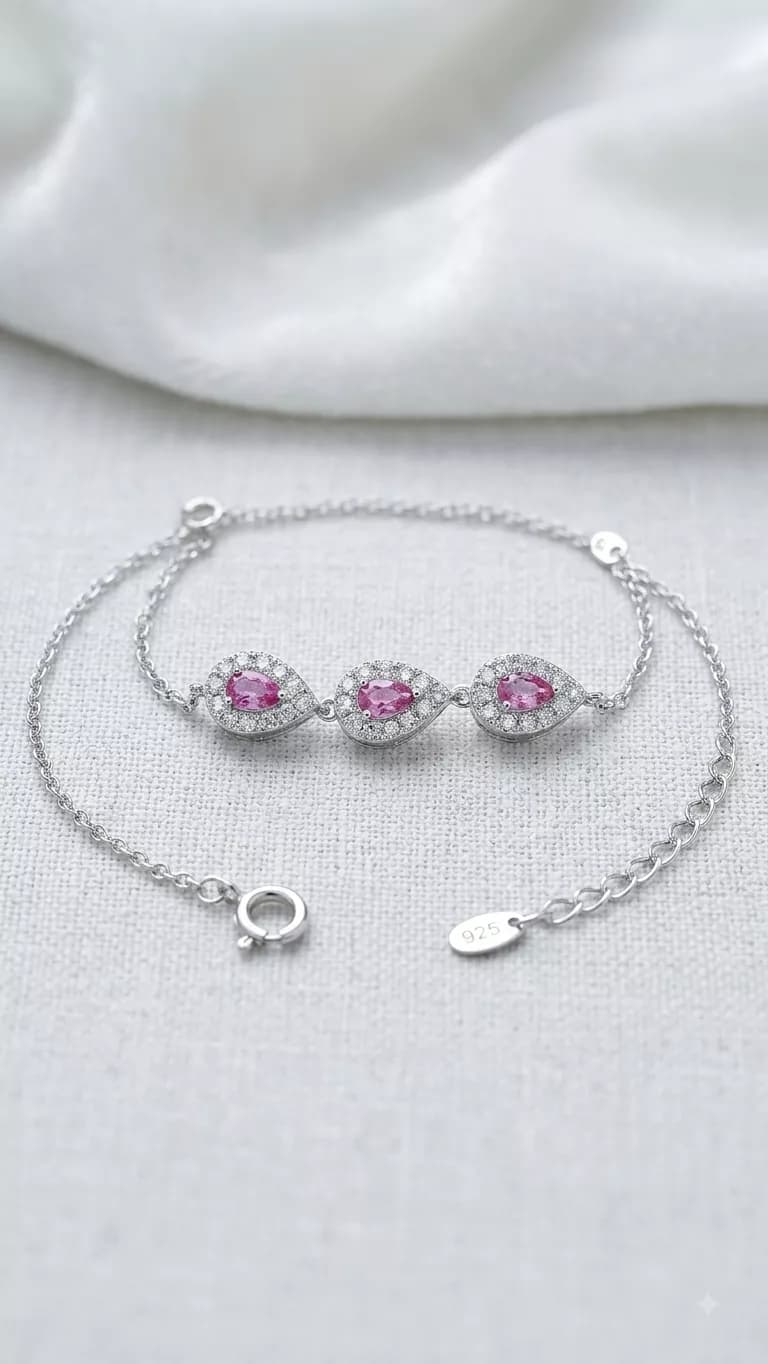 Pink Pear Halo Bracelet in silver