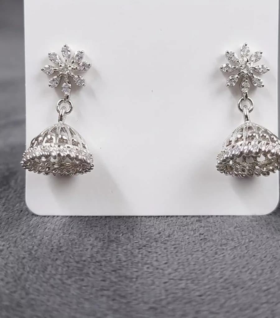 Flower Pave Jhumkas in silver