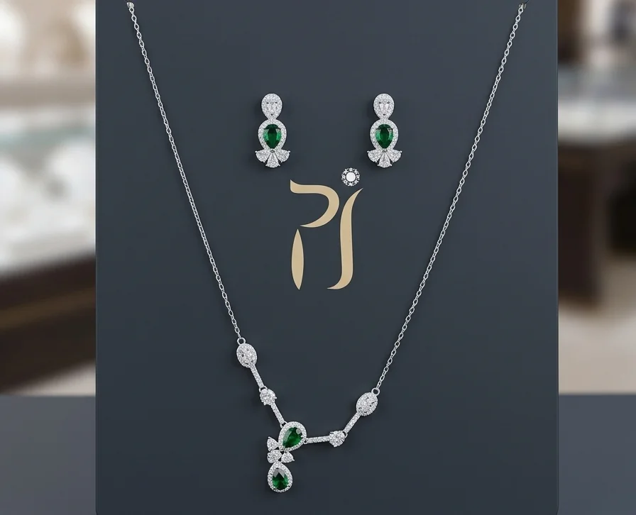 Emerald Drop Necklace Set in silver