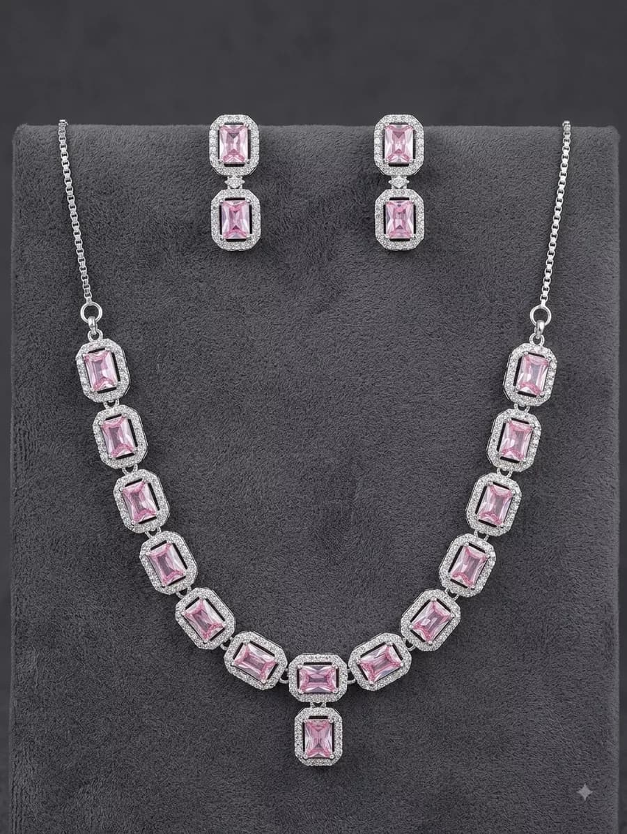 Pink Emerald-Cut Necklace Set in silver