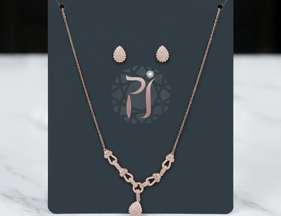 Rose-Tone Bow Drop Necklace Set in silver