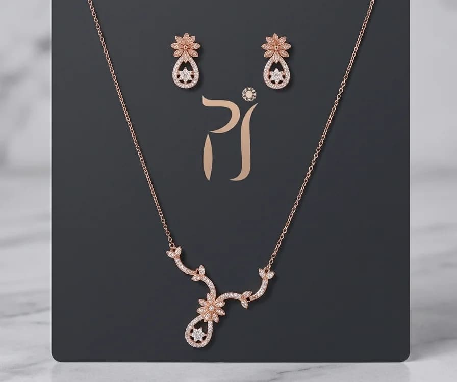 Rose-Tone Flower Drop Necklace Set in silver