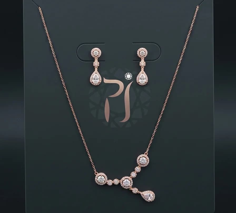 Rose-Tone Halo Drop Necklace Set in silver