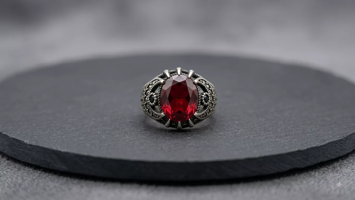 Crimson Filigree Cocktail Ring in silver