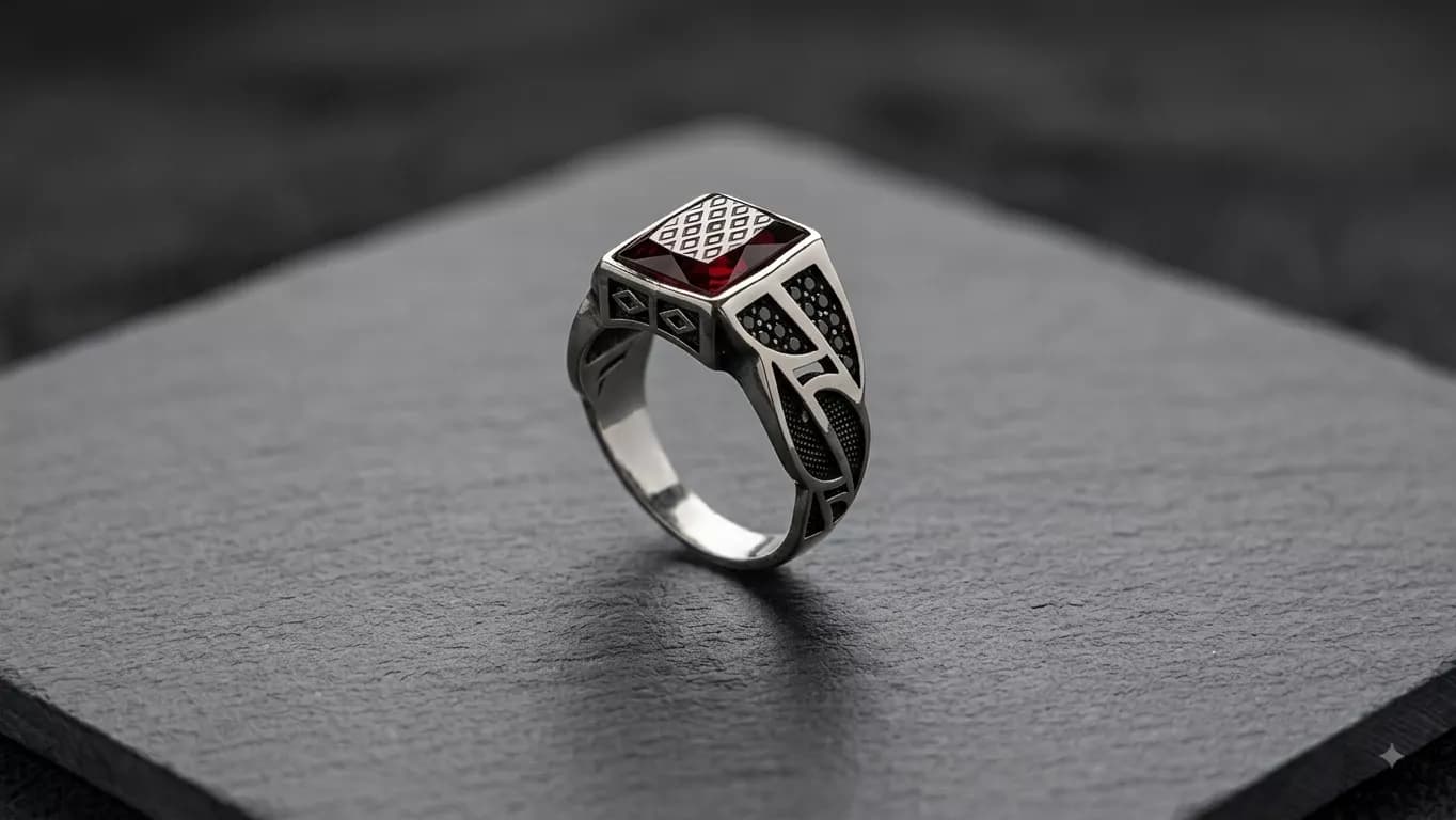 Crimson Geometric Signet Ring in silver
