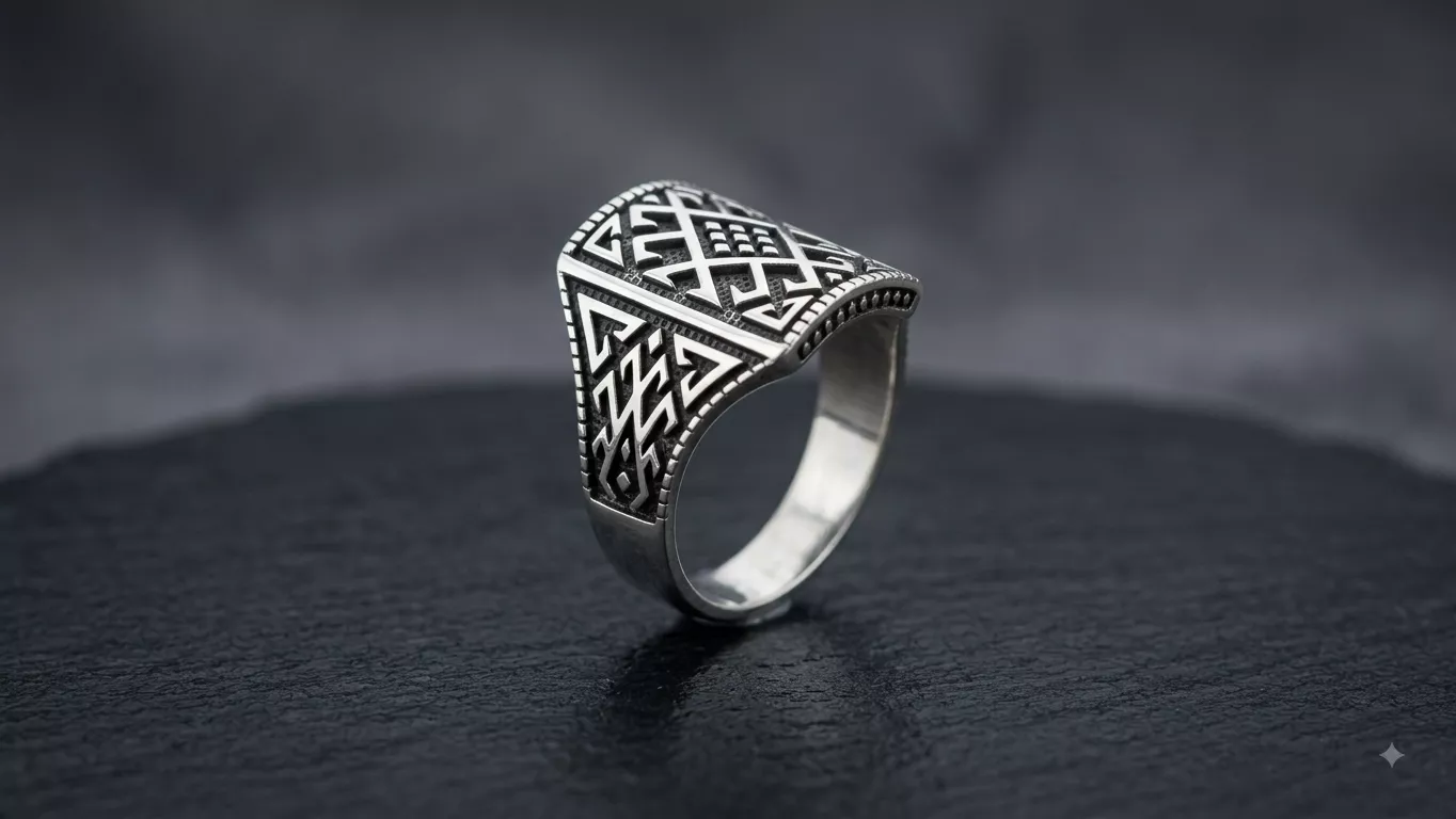 Geometric Engraved Shield Ring in silver