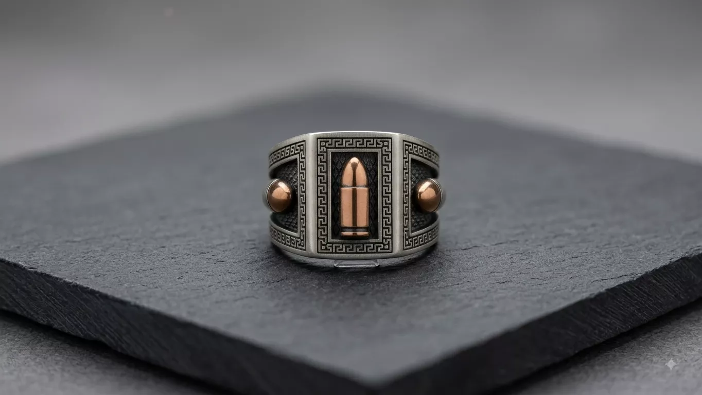 Meander Bullet Ring, Copper-Tone Accents in silver