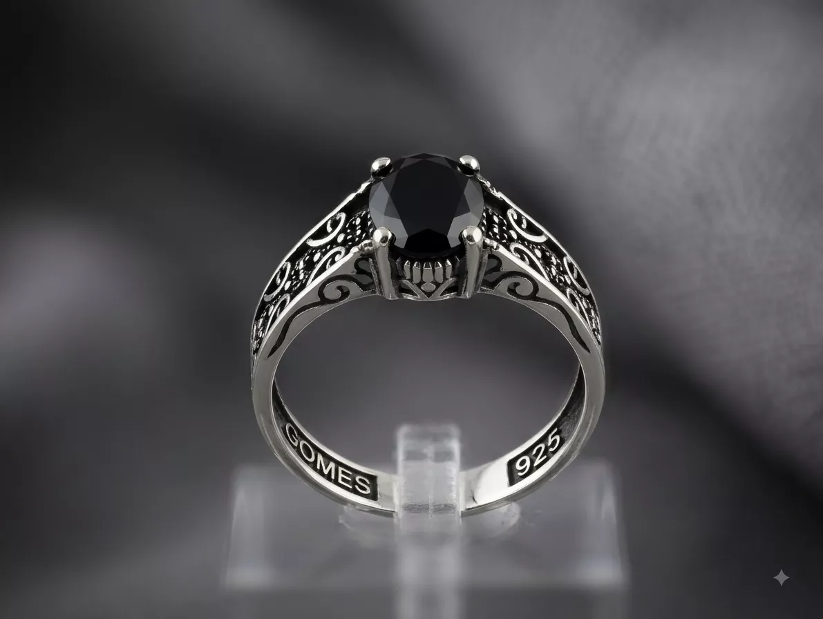 Noir Filigree Solitaire Ring in silver