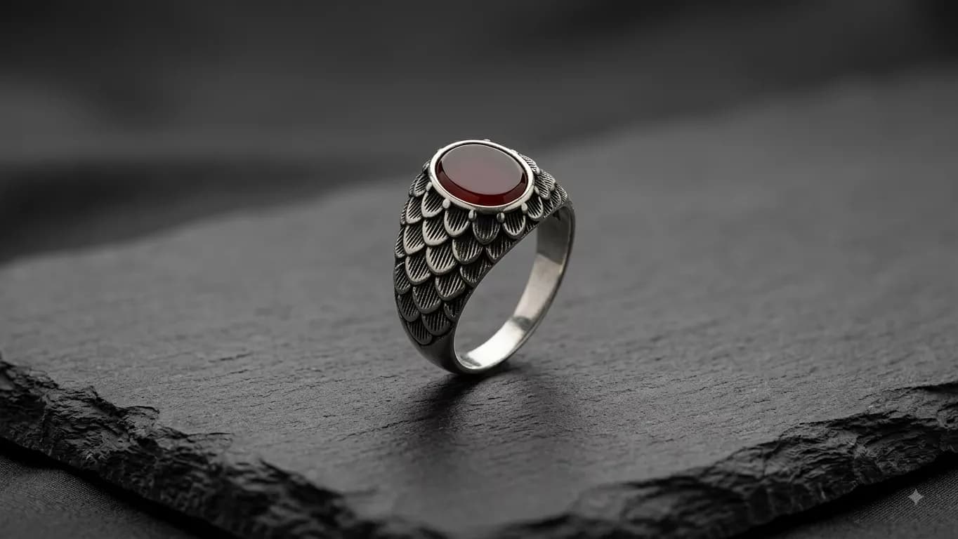 Scale Pattern Red Stone Ring in silver