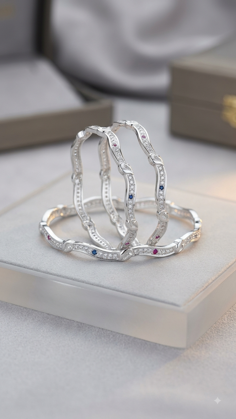 Silver Zircon Studded Bangle Set