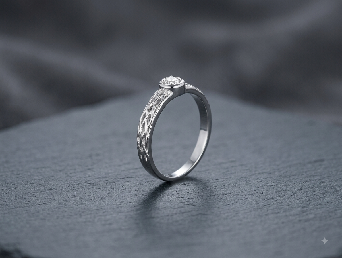 Silver Solitaire Engraved Band Ring