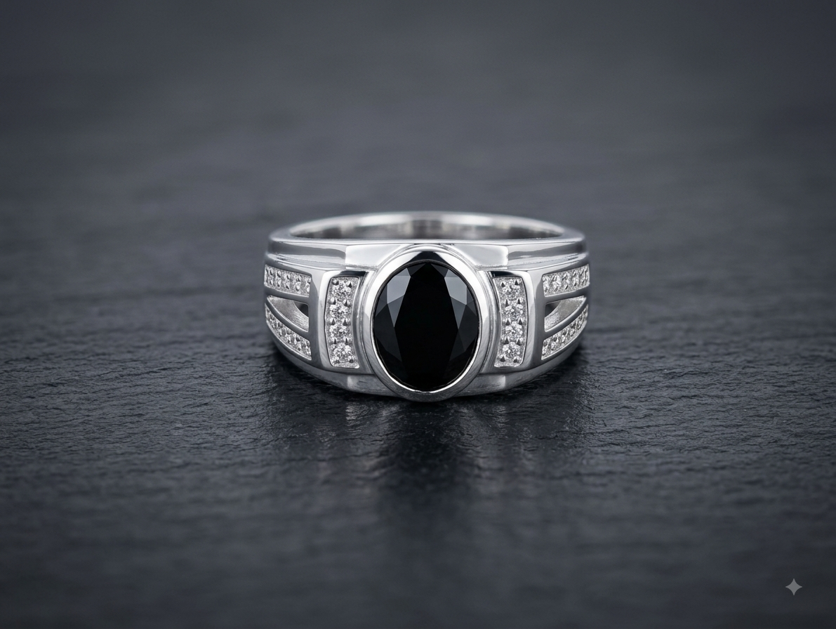 Silver Mens Black Oval Statement Ring