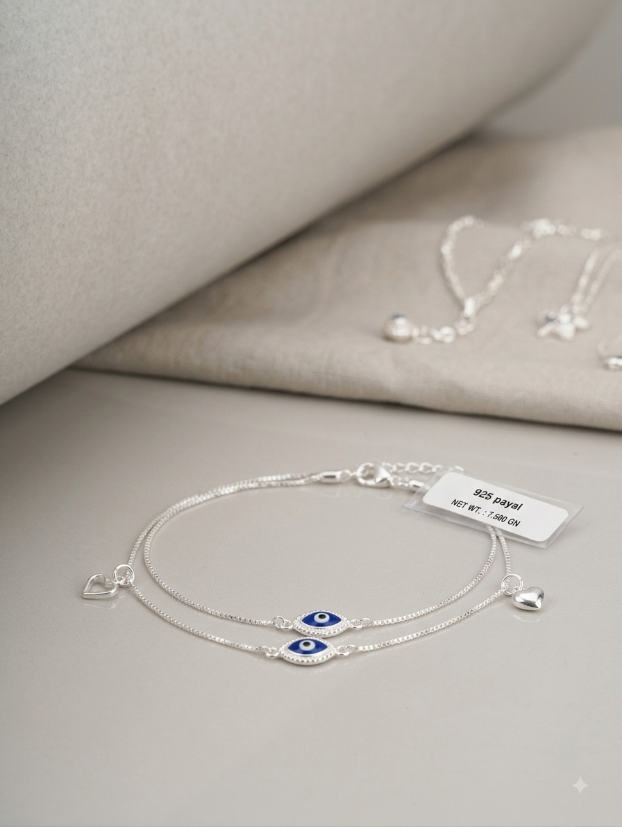Silver Evil Eye Heart Charm Payal