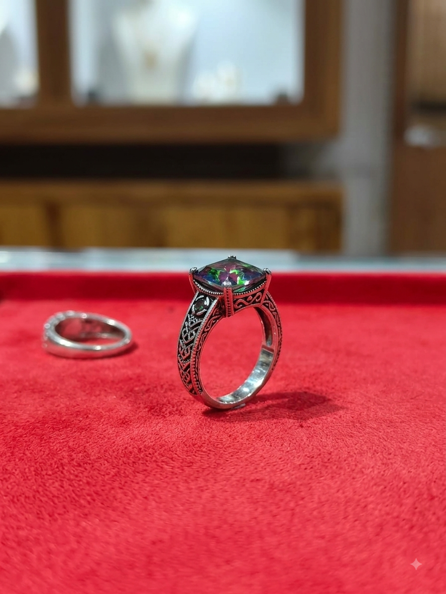 Silver Oxidised Green Stone Ring