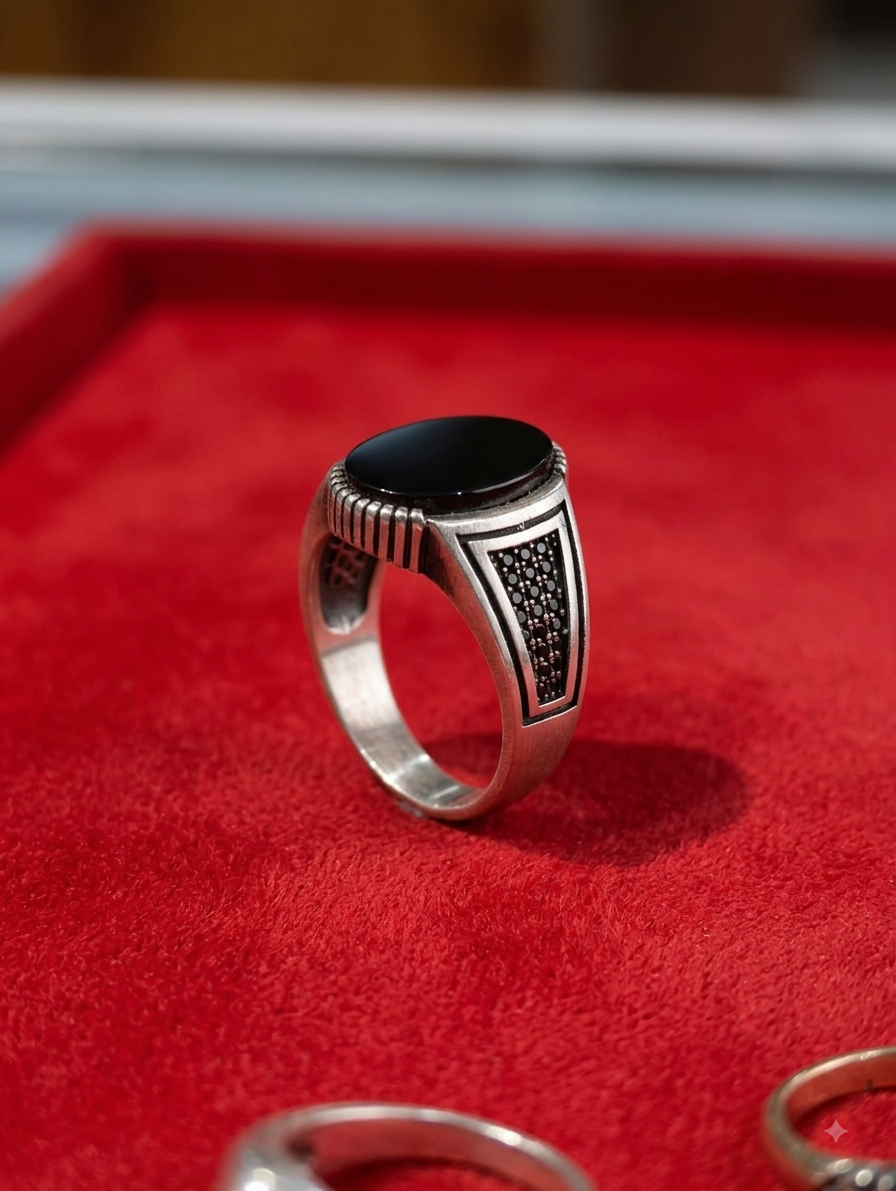 Silver Mens Black Oval Signet Ring