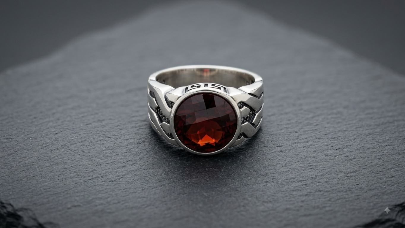Silver Mens Garnet Round Ring