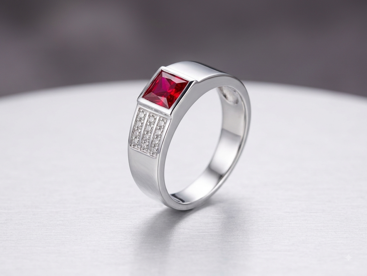 Silver Mens Ruby Square Ring