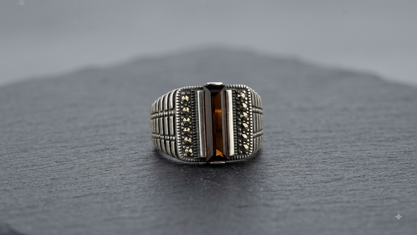 Silver Mens Smoky Stone Ring