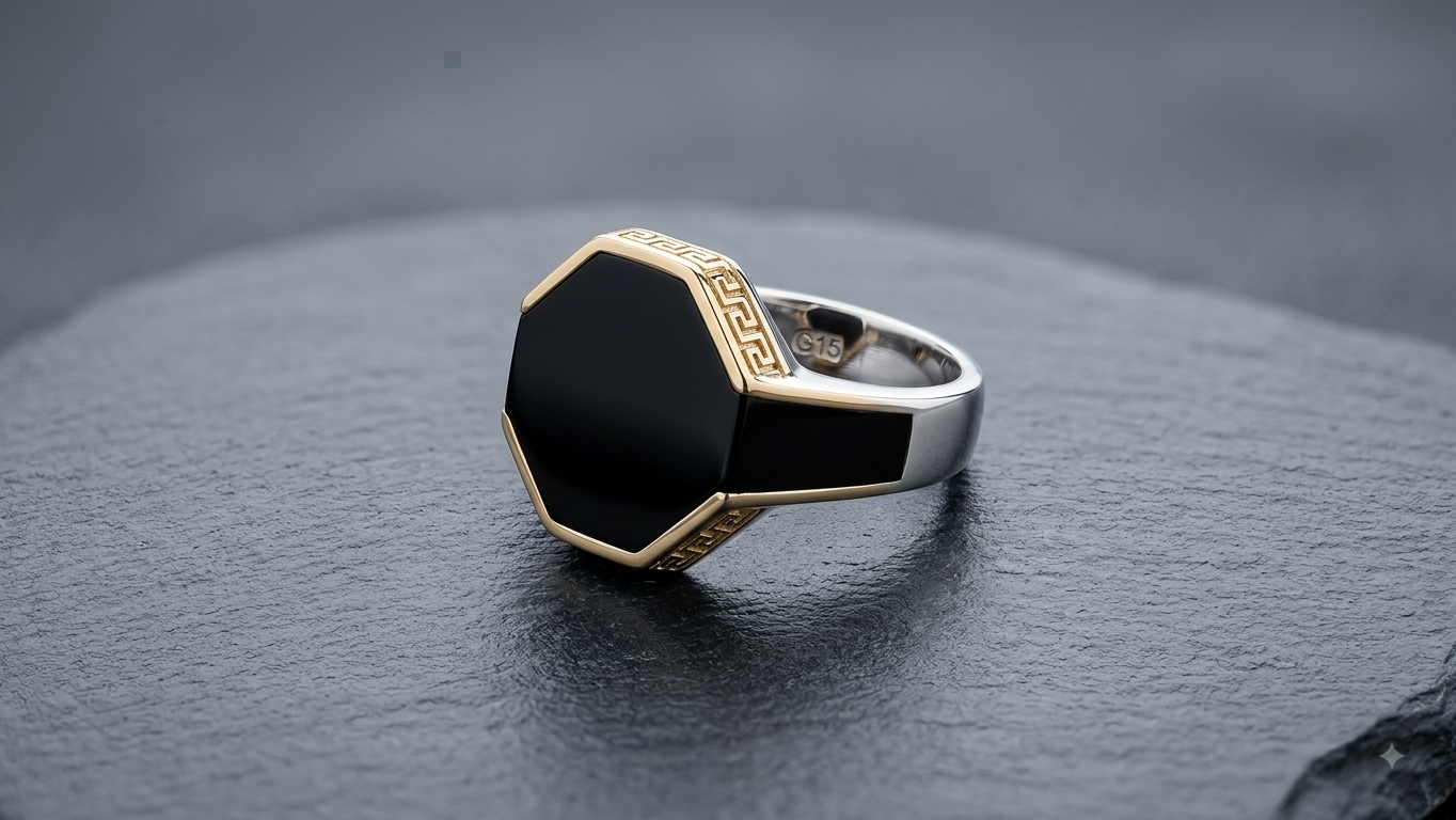 Silver Black Onyx Hexagon Ring