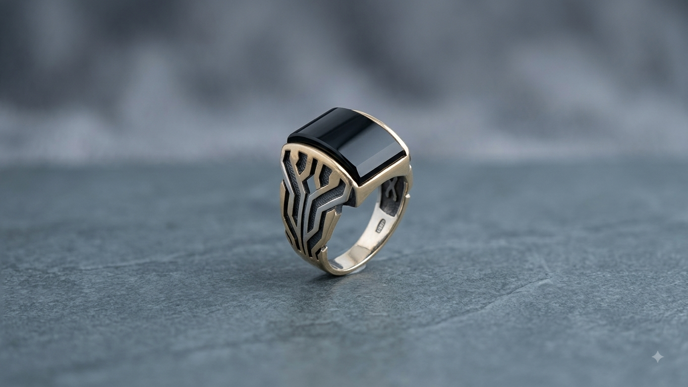 Silver Mens Black Rectangle Ring