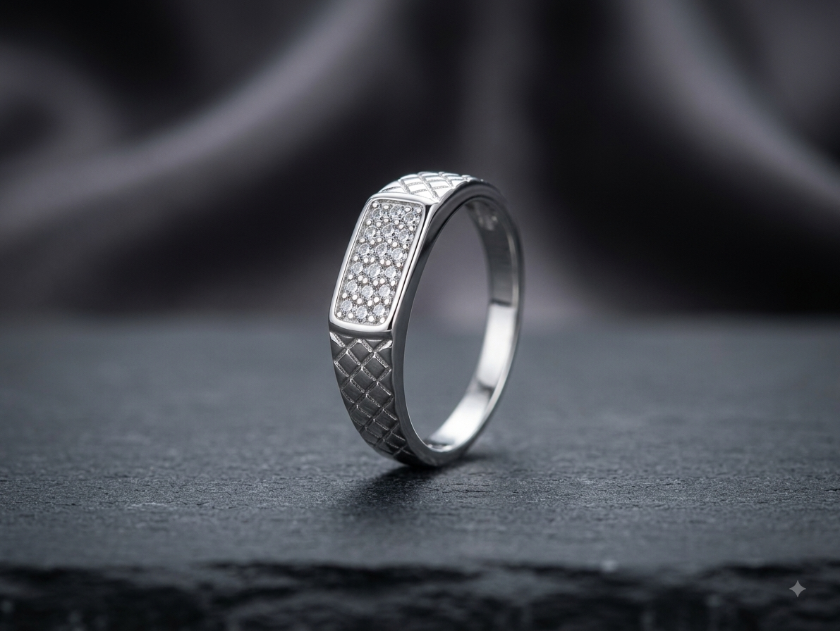 Silver Mens Pave Band Ring
