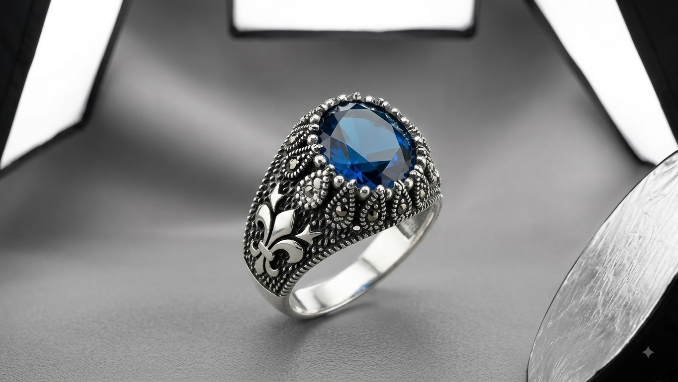 Silver Mens Blue Sapphire Filigree Ring