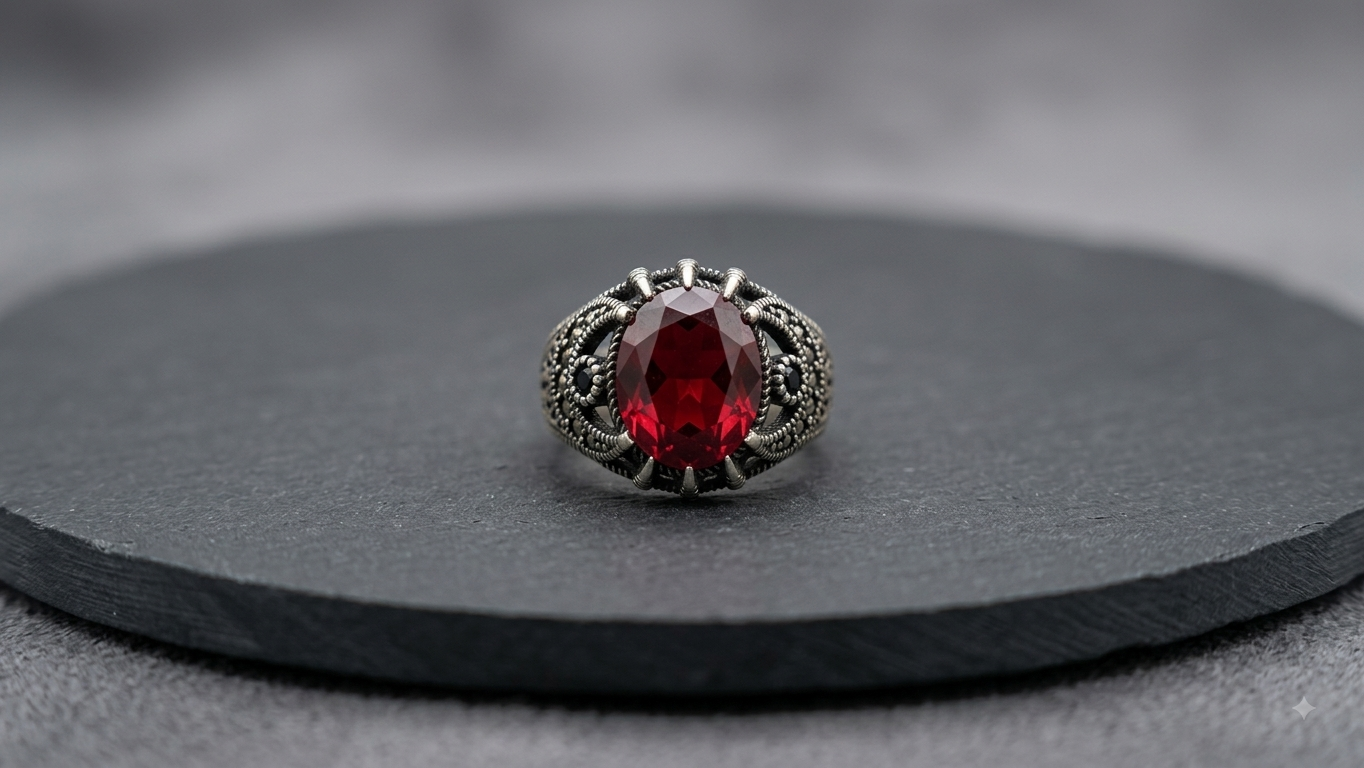 Silver Mens Ruby Oval Filigree Ring