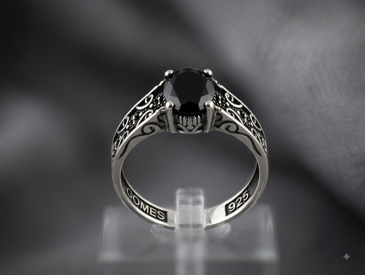 Silver Mens Black Solitaire Filigree Ring