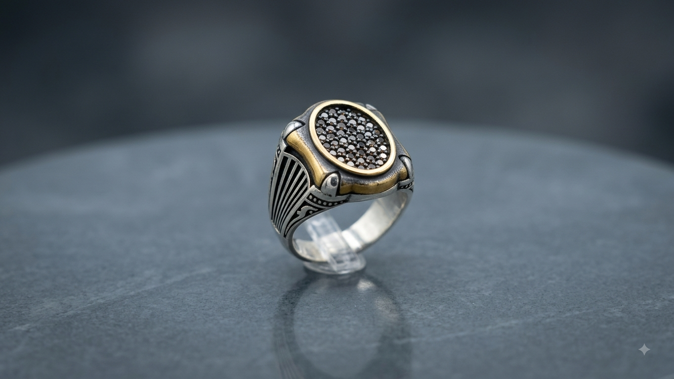 Silver Mens Two Tone Pave Oval Ring
