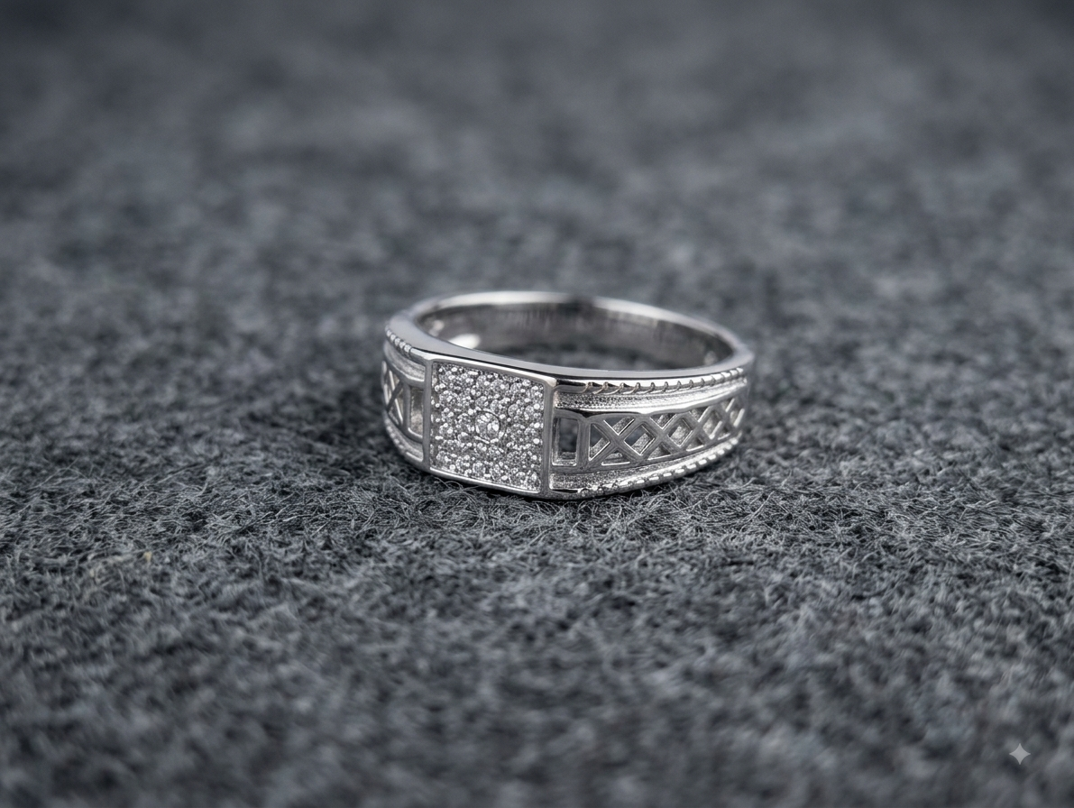 Silver Mens Pave Wedding Band Ring