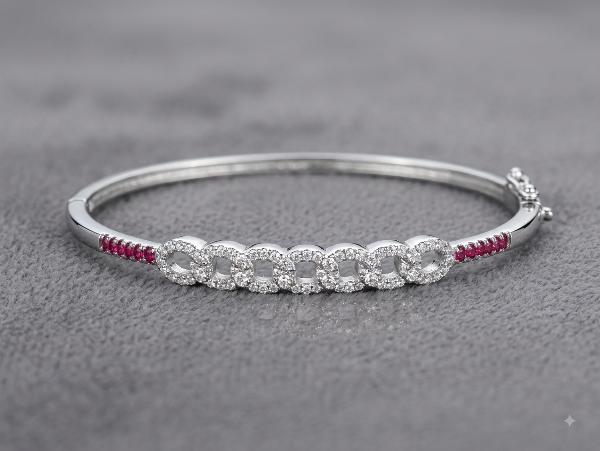 Silver Ruby Accent Pave Bangle