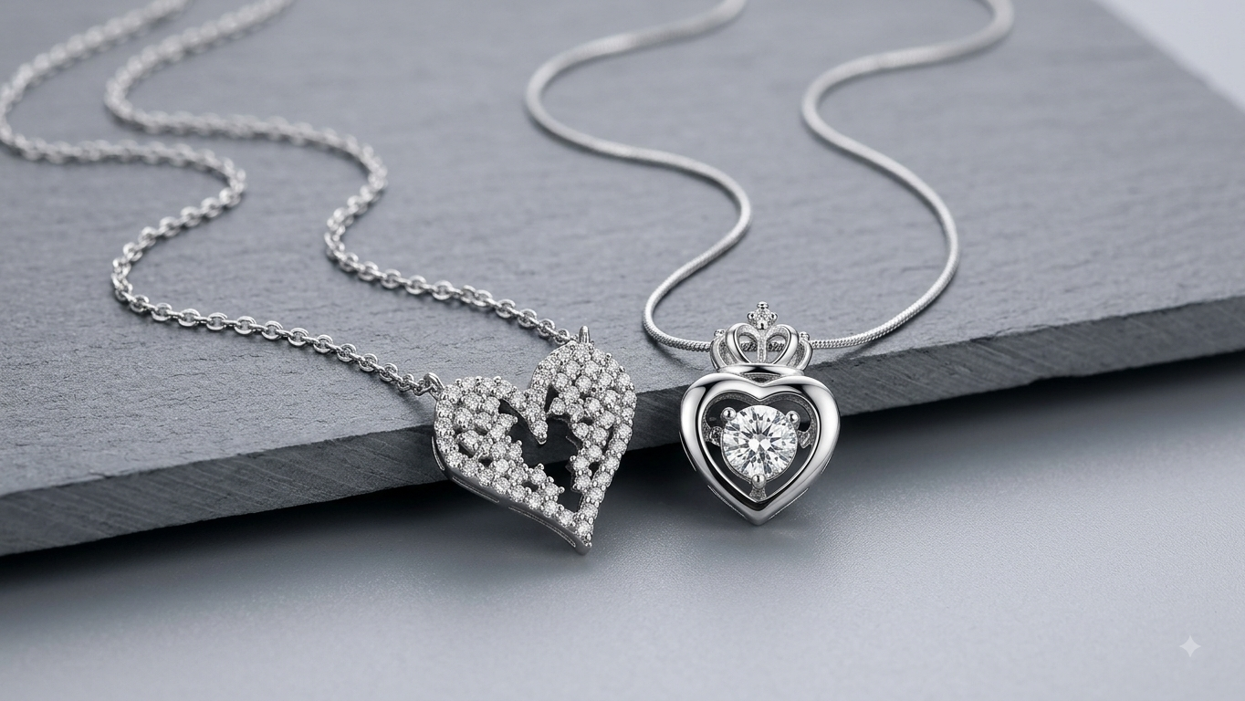 Silver Heart Pendant Necklace Pair