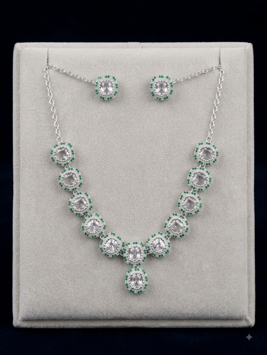 Silver Green Stone Necklace and Earring Set
