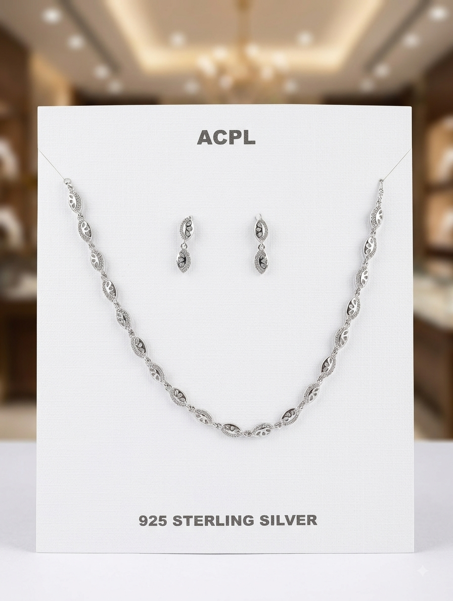 Silver Oval Station Necklace and Earring Set