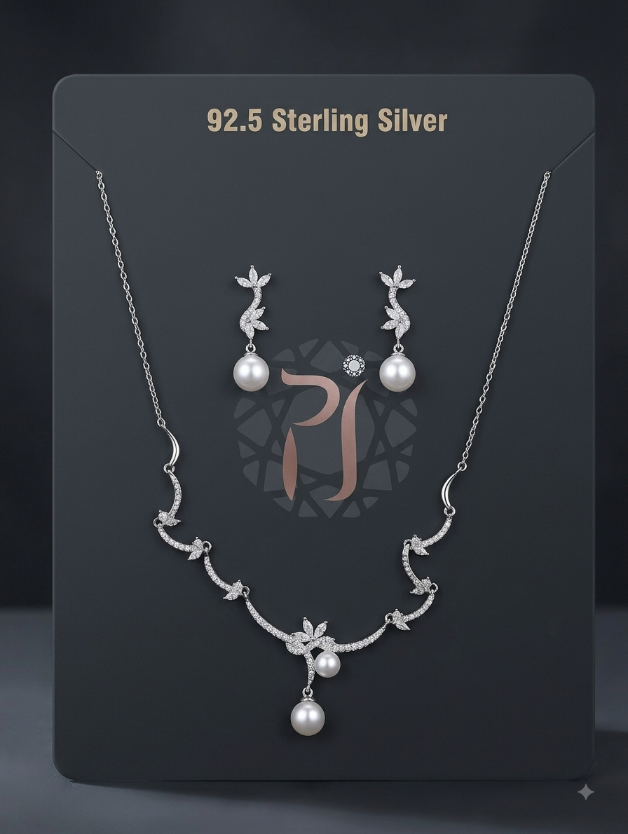 Silver Pearl Drop Necklace and Earring Set