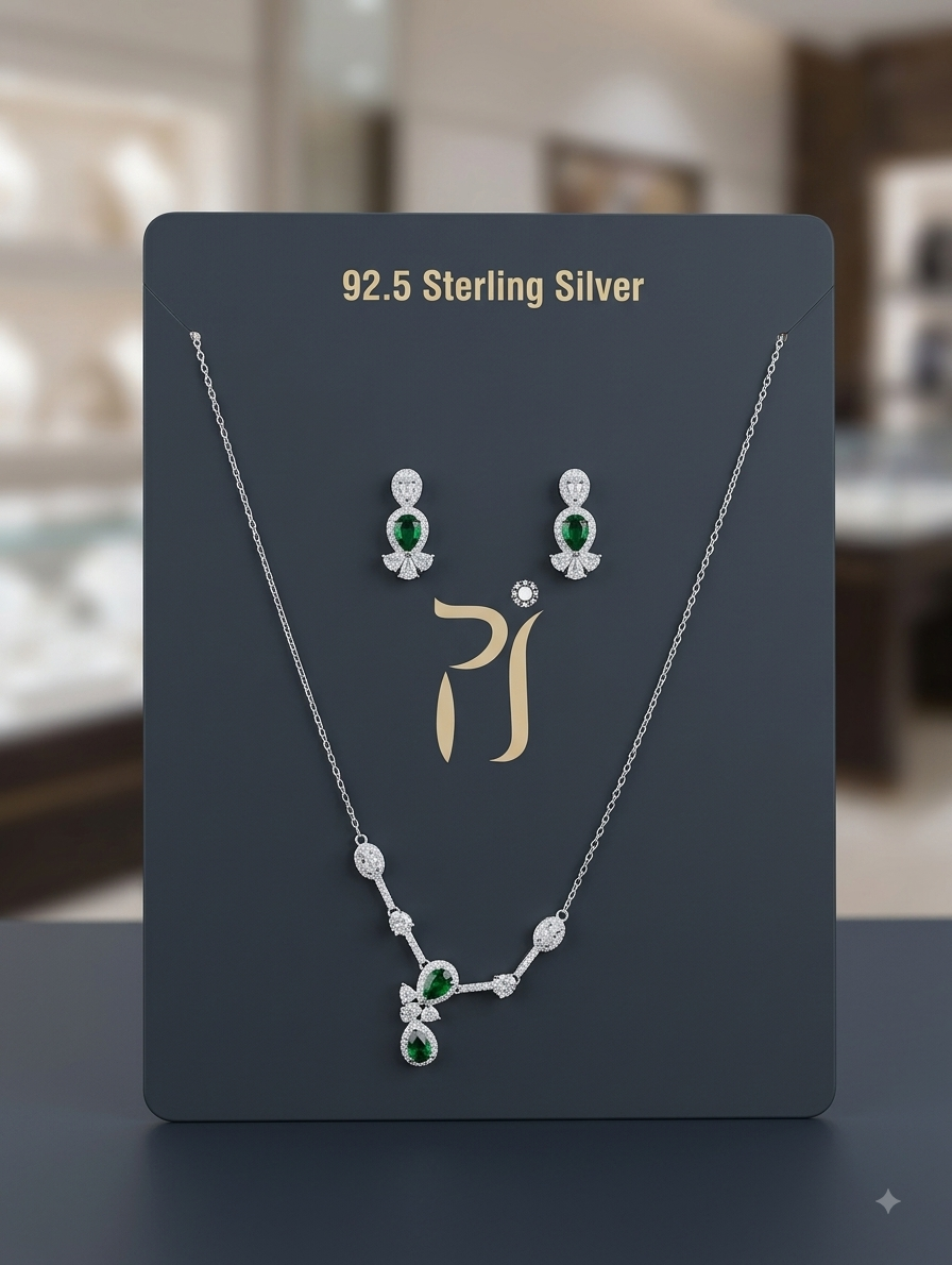 Silver Green Leaf Necklace and Earring Set