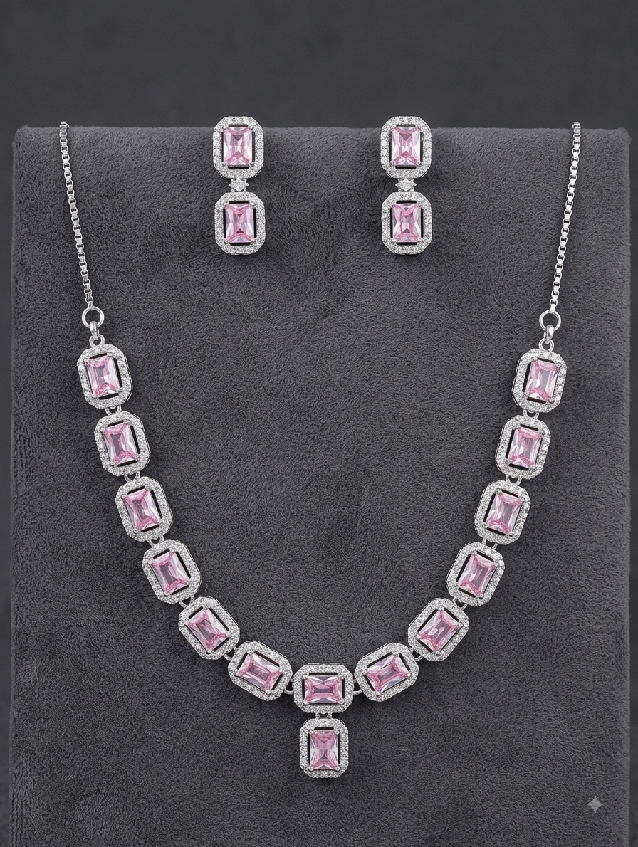 Silver Pink Emerald Cut Necklace and Earring Set