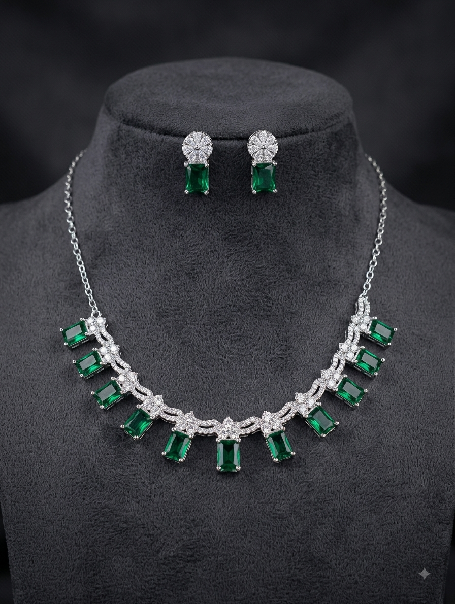 Silver Emerald Green Necklace and Earring Set