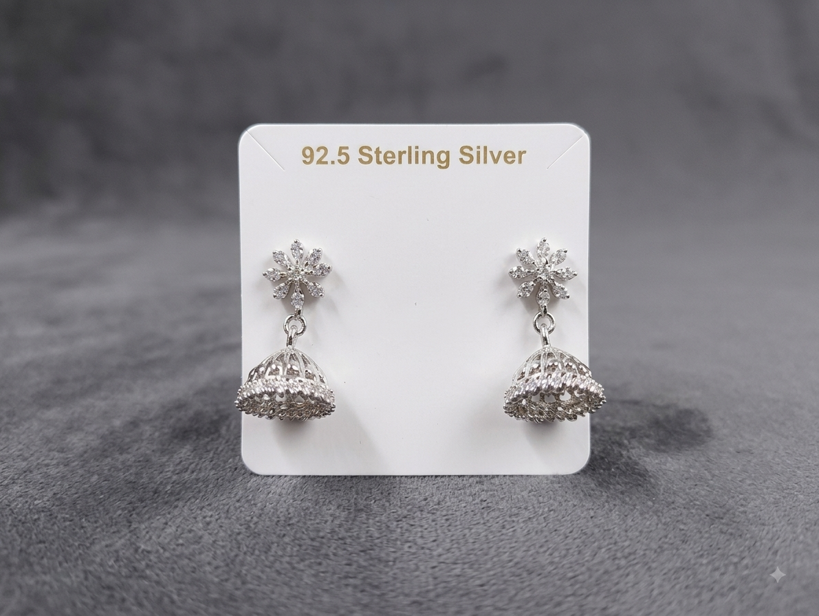 Silver Floral Jhumka Drop Earrings