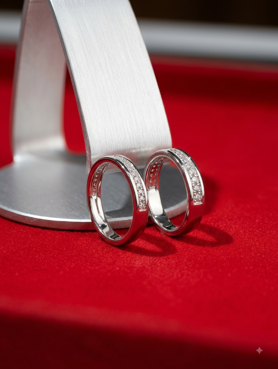 Silver Pave Edge Band Ring (Couple Set)